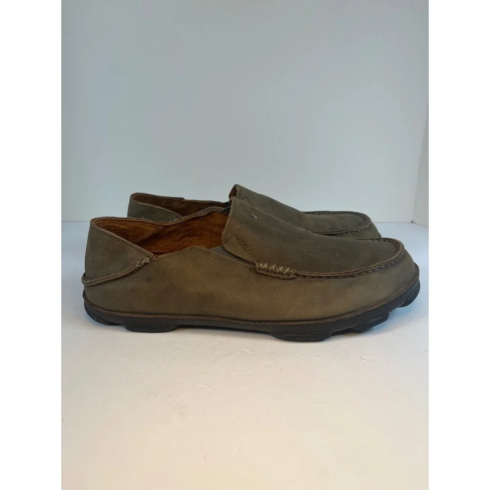 OluKai Moloa Mens Leather Slip On Shoes Dark Gray Green 10128-4T63 Size 11.5
